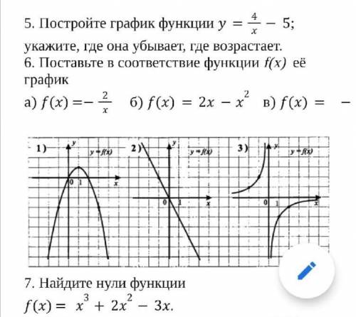 5. Постройте график функции у =4/х-5; укажите, где она убывает, где возрастает. И остальное Все зада