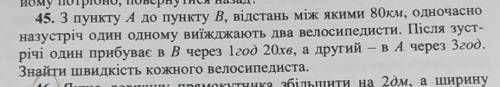 З пункту А в пункт В між якими 80км, одночасно назустріч один одному виїхали два велосипедисти. Післ