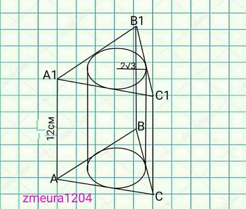В правильную треугольную призму вписан цилиндр радиусом 2 корня из 3см и высотой корень из 12см Вычи