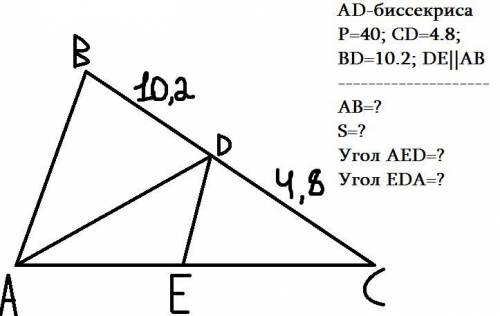 Периметр треугольника АВС 40. Из точки А провели биссектрису, которая делит сторону ВС на BD и CD со