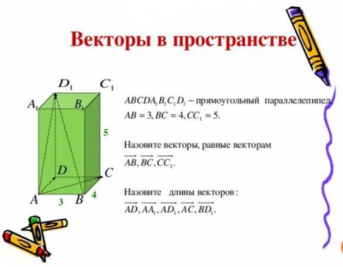 ABCDA1B1C1D1 - прямоугольный параллелепипед. AB = 3, BC = 4, CC, = 5. Назовите векторы, равные векто