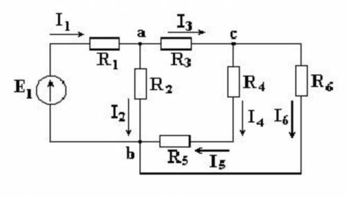 Дано: R1=1 Ом;R2=2 Ом;R3=3 Ом;R4=4 Ом;R5=5 Ом;R6=6 Ом;E1= 30 В.Найти значение токов с 1 по 6 :I1-6 ?