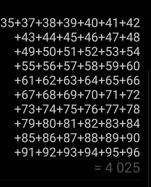 35 + 37 +38 + 39 + 40 + 41 + 42 + 43 + 44 + 45 + 46 + 47 + 48 + 49 + 51 + 52 + 53 + 54 + 56 + 57 + 5