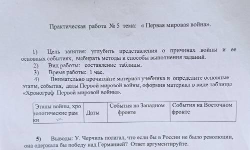 Практическая работа №5 тема: «Первая мировая война»