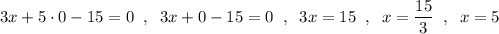 3x+5\cdot0-15=0\;\;,\;\;3x+0-15=0\;\;,\;\;3x=15\;\;,\;\;x=\dfrac{15}{3}\;\;,\;\;x=5