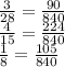 \frac{3}{28}= \frac{90}{840} \\\frac{4}{15} =\frac{224}{840} \\\frac{1}{8}=\frac{105}{840}