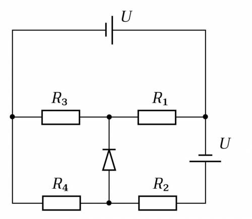 Для цепи, схема которой приведена на рисунке, определите ток через идеальный диод, если R1=1 Ом, R2=