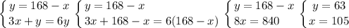 \displaystyle \left \{ {{y=168-x} \atop {3x+y=6y}} \right. \left \{ {{y=168-x\hfill} \atop {3x+168-x=6(168-x)}} \right. \left \{ {{y=168-x} \atop {8x=840\hfill}} \right. \left \{ {{y=63} \atop {x=105}} \right.