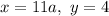 x=11a,~y=4