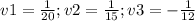 v1=\frac{1}{20} ; v2=\frac{1}{15}; v3=-\frac{1}{12}