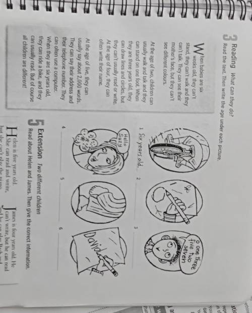 3 Reading What can they do? Read the text. Then write the age under each picture.​