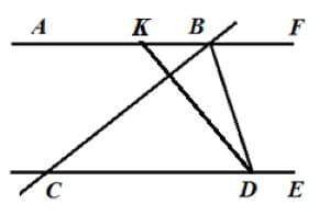 Задано дві паралельні прямі AB і CE і січну BC. Пряма BD є бісектрисою кута CBF, а пряма DK є перпен