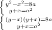 \left \{ {{y^{2}-x^{2} =8a } \atop {y+x=a^{2} }} \right. \\\left \{ {{(y-x)(y+x)=8a \atop {y+x=a^{2} }} \right.