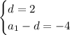 \begin{cases} d=2\\ a_1-d=-4} \end{cases}