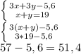 \left \{ {{3x+3y-5,6} \atop {x+y=19}} \right. \\\left \{ {{3(x+y)-5,6} \atop {3*19-5,6}} \right. \\57-5,6=51,4