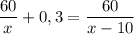 \displaystyle \frac{60}{x}+0,3=\frac{60}{x-10}