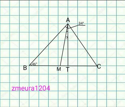 В треугольнике ABC проведены высота AТ и биссектриса АМ . Найдите угол ТАМ , если угол ВАC равен 34°