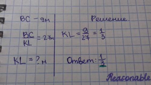 Дан отрезок BC= 9 м, и известно отношение отрезков BCKL=27.Вычисли длину отрезка KL​