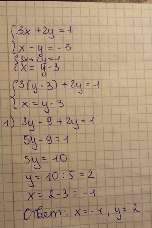 Системи рівння 3x+2y=1 x-y=-3