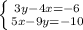 \left \{ {{3y-4x=-6} \atop {5x-9y=-10}} \right.