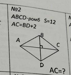 АВСД-ромб площадь-12 см ² AС=ВД+2 АС-?