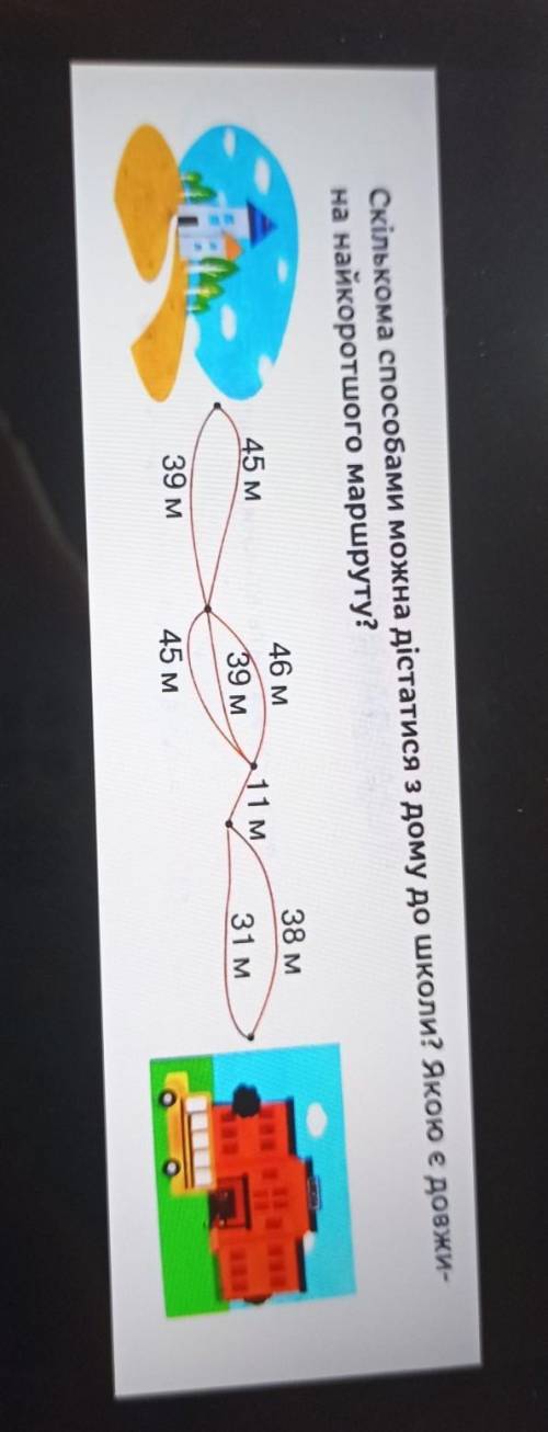 Скількома можна дістатися з дому до школи? Якою є довжи- на найкоротшого маршруту? 38 м 45 м 46 м 39