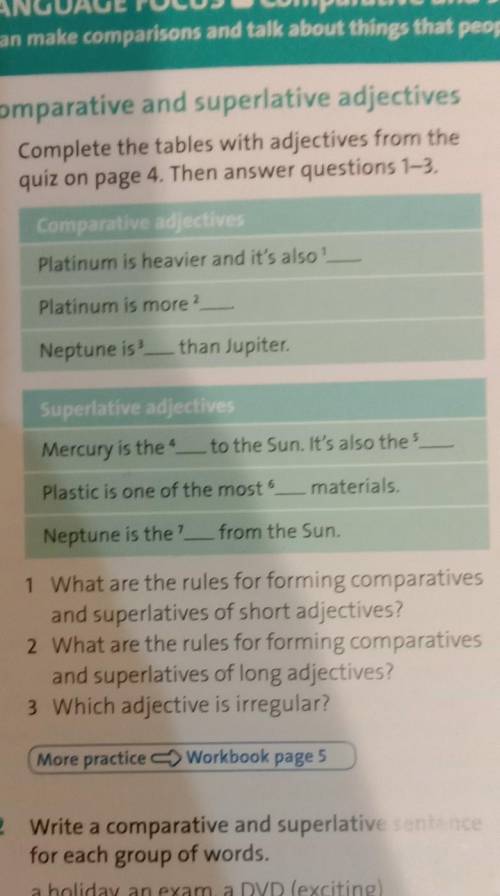 помагите.complete the tables with adjectives from the guiz on page 4.Then answer guestions 1-3