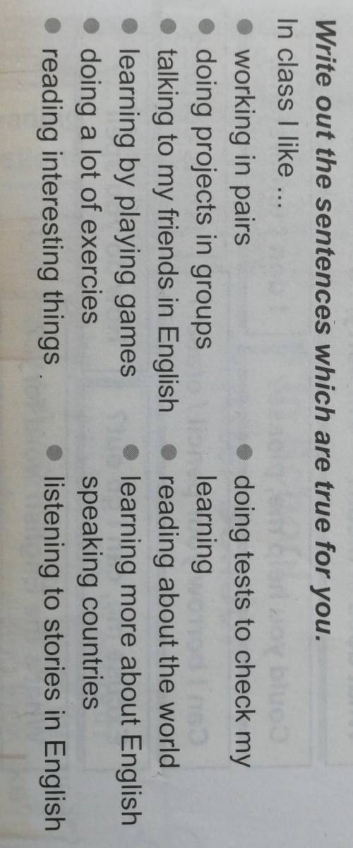 Write out the sentences which are true for you. In class I like ... • working in pairs • doing tests