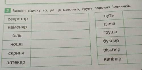 2 Визнач вiдмiну та, де це можливо, групу поданих іменників.