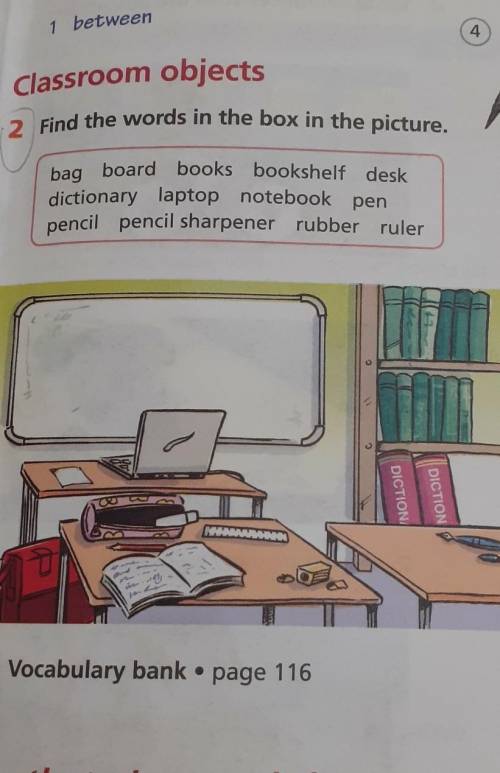 Find the words in the box in the picture. bagboardbooksbookshelfdeskdictionarylaptopnotebookpenpenci