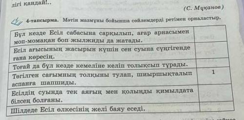 4-тапсырма. Мәтін мазмұны бойынша сөйлемдерді ретімен орналастыр. - Бұл кезде Есіл сабасына сарқылып