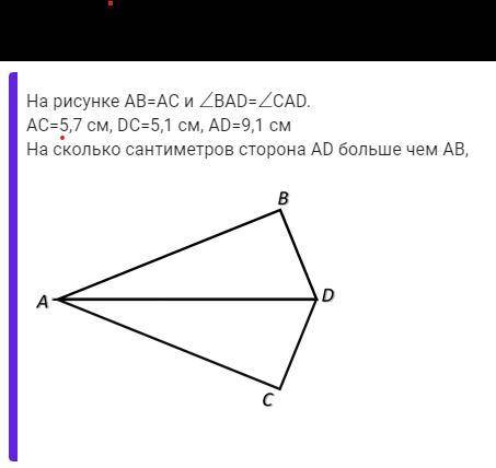 На рисунке AB=AC и ∠ BAD= ∠ CAD. AC=5,7 см, DC=5,1 см, AD=9,1 см На сколько сантиметров сторона AD б