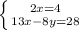 \left \{ {{2x=4} \atop {13x-8y=28}} \right.