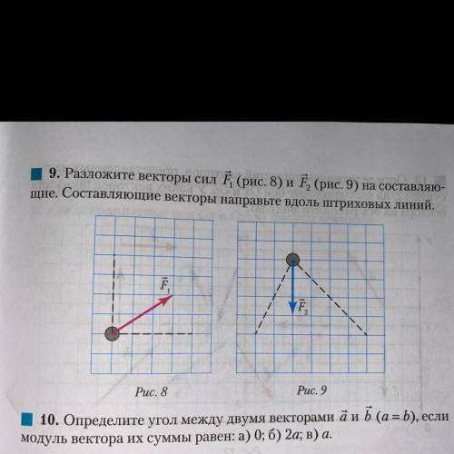 9. Разложите векторы сил F1 и F2 на составляющие. Составляющие векторы направьте вдоль штриховых лин