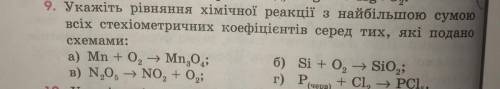 9. Укажіть рівняння хімічної реакції з найбільшою сумою всіх стехиометричних коефіцієнтів серед тих,