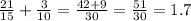 \frac{21}{15} + \frac{3}{10} = \frac{42 + 9}{30} = \frac{51}{30} = 1.7