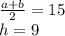 \frac{a+b}{2} =15 \\h=9