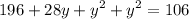 \displaystyle 196+28y+y^{2}+y^{2}=106