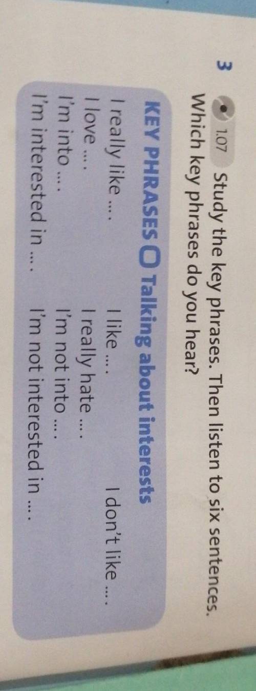 107 Study the key phrases. Then listen to six sentences 3 Which key phrases do you hear? I like I d