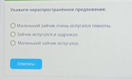 Укажите нераспространённое предложение. Маленький зайчик очень испугался темноты. Зайчик испугался и