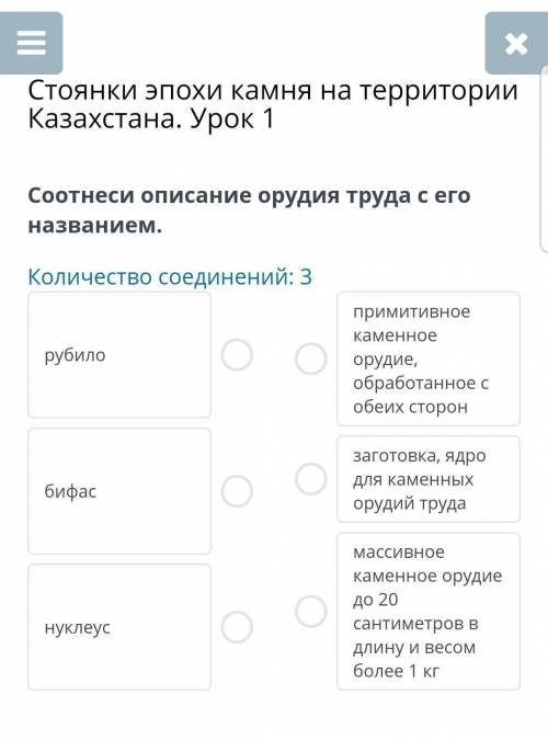 Стоянки эпохи камня на территории Казахстана. Урок 1 Соотнеси описание орудия труда с его названием.