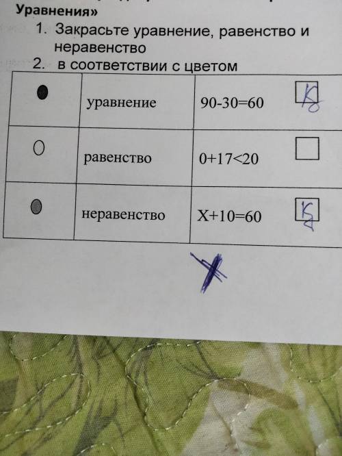 Закрасьте уравнения,равенство и неравенство с соответствии с цветом