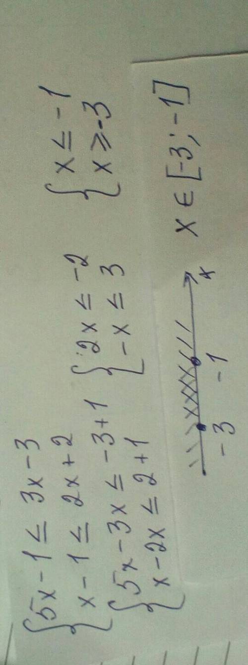 Решите систему неравенств 5x+1<=3x-3 x-1<=2x+2