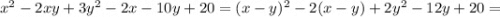 x^2-2xy+3y^2-2x-10y+20=(x-y)^2-2(x-y)+2y^2-12y+20=