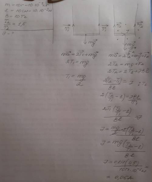 1) Проводник массой 10 г и длиной 10 см висит в горизонтальном положении на двух проводящих нитях в