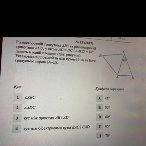 Рівносторонній трикутник ABC та рівнобедрений трикутник ACD, у якому AC = DC iLACD = 40°, лежать в о