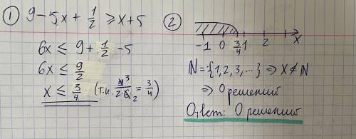 Сколько натуральных решений имеет неравенство 9 - 5x + 1 / 2 >= x + 5