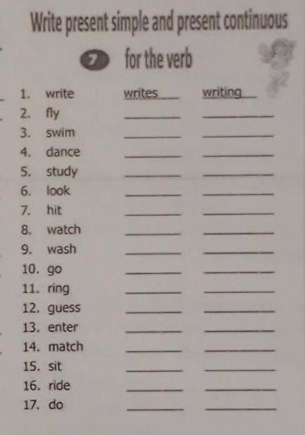 Write present simple and Present continuous for the verb 1. Write 2.Fly