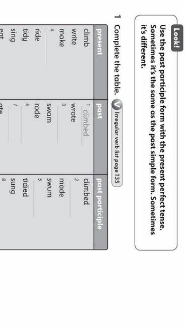 1 Complete the table. present climb write make 4 ride tidy sing eat Irregular verb list page 135 pas