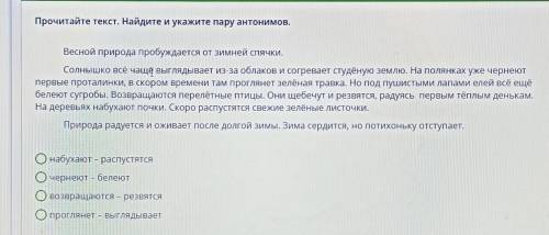 4 Б. Прочитайте текст. Найдите и укажите пару антонимов. Весной природа пробуждается от зимней спячк